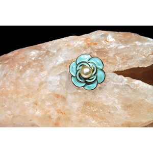 4/$15 Retro Aqua Enamel Flower Faux Pearl Statement Ring